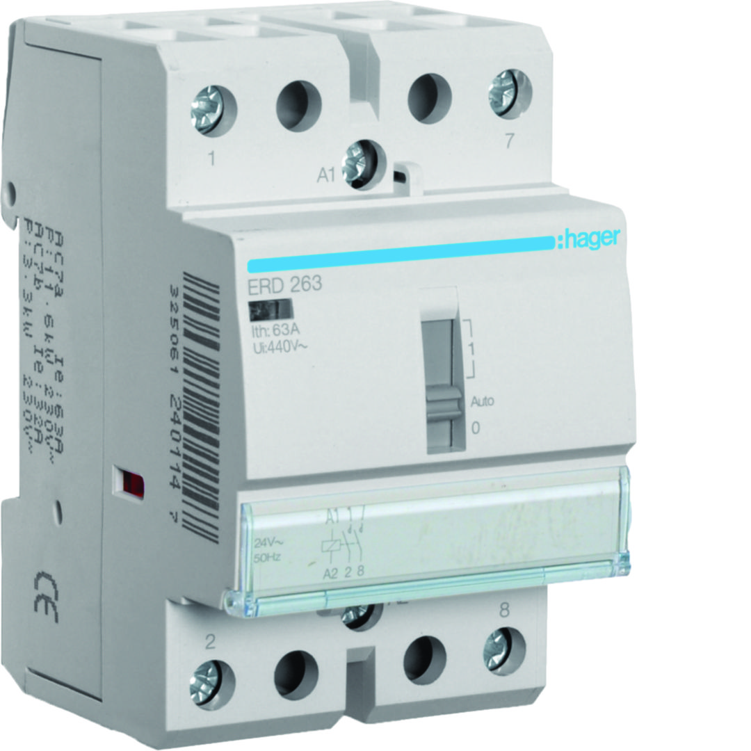 Installációs kontaktor sorolható 0-Aut-1 63A/ 400V AC 24V AC-műk 3M ERD Hager