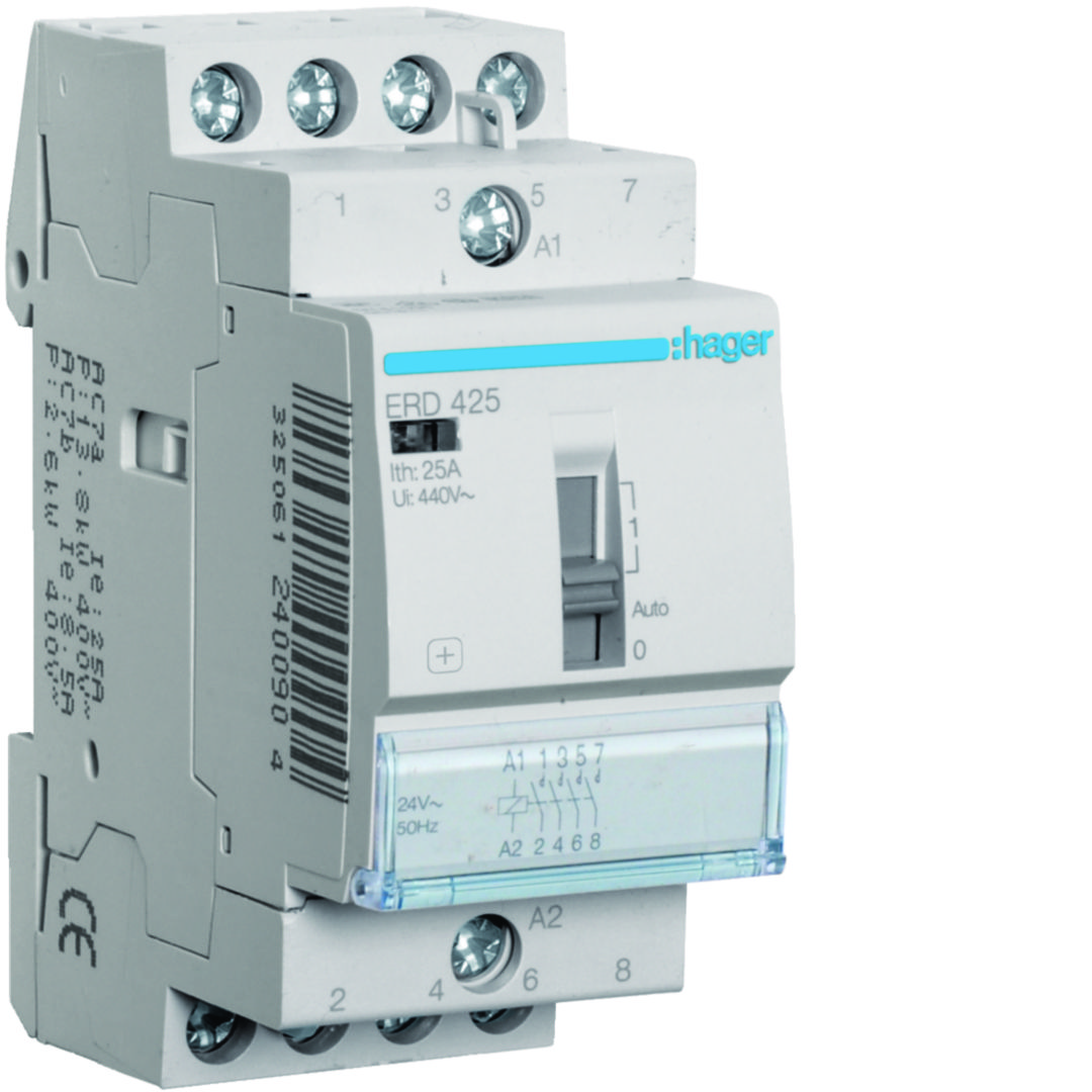 Installációs kontaktor sorolható 0-Aut-1 25A/ 400V AC 24V AC-műk 2M ERD Hager