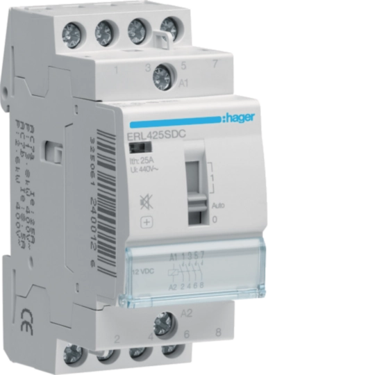 ERL425SDC - Magneetschakelaar 25 A met handbediening, 4 maak, geruisarm, 12 V DC