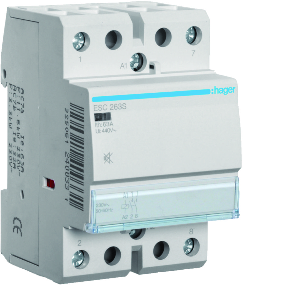 Installációs kontaktor sorolható csendes 63A/ 400V AC 230V AC-műk 3M ESC Hager
