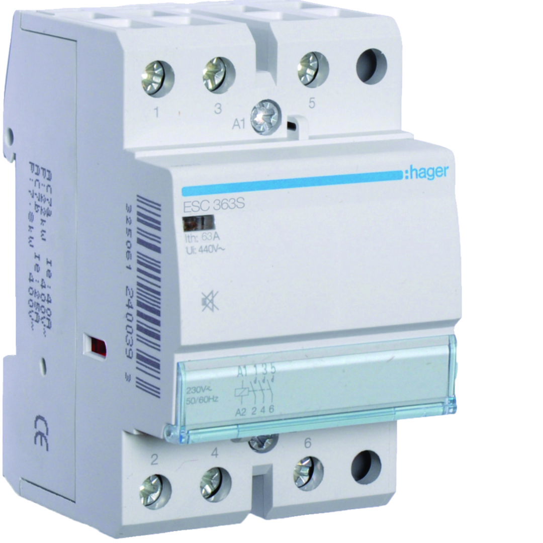 Installációs kontaktor sorolható csendes 63A/ 400V AC 230V AC-műk 3M ESC Hager
