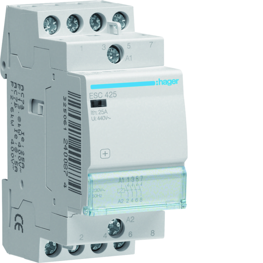 Installációs kontaktor sorolható 25A 400V AC 4-z 230V AC-műk 2mod Hager