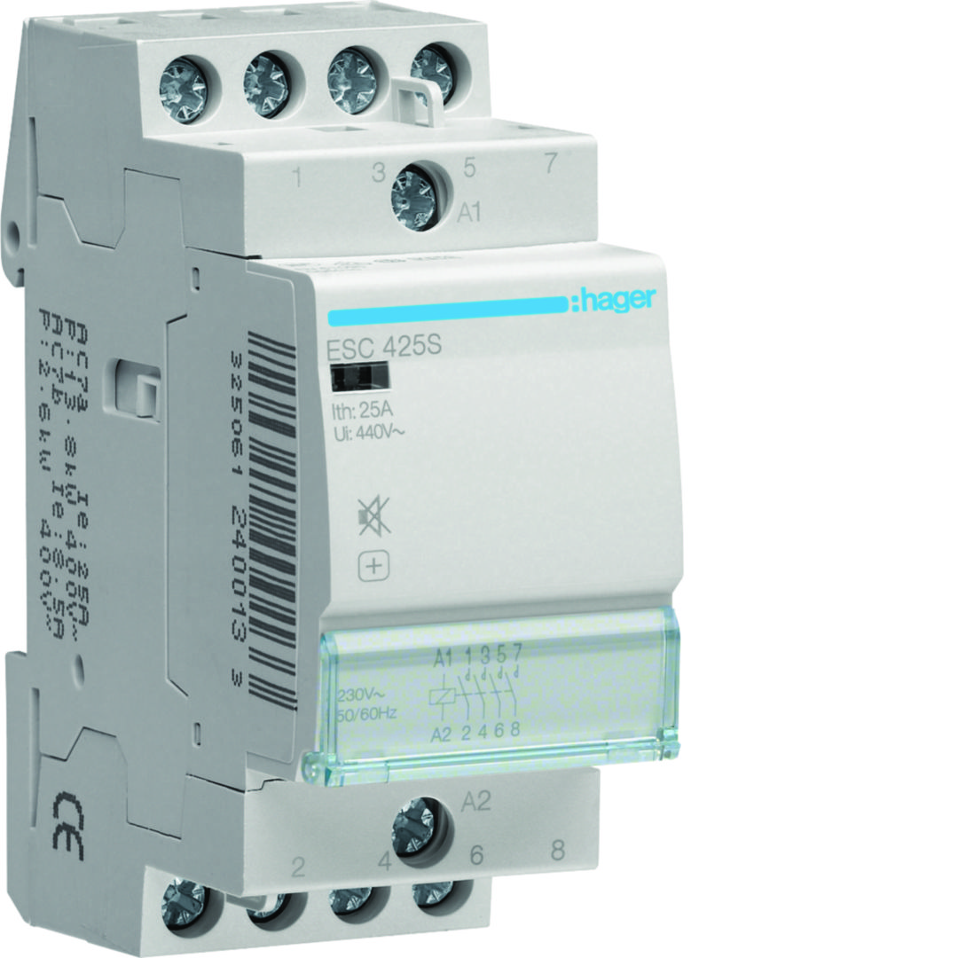 Installációs kontaktor sorolható csendes 25A/ 400V AC 230V AC-műk 2M ESC Hager