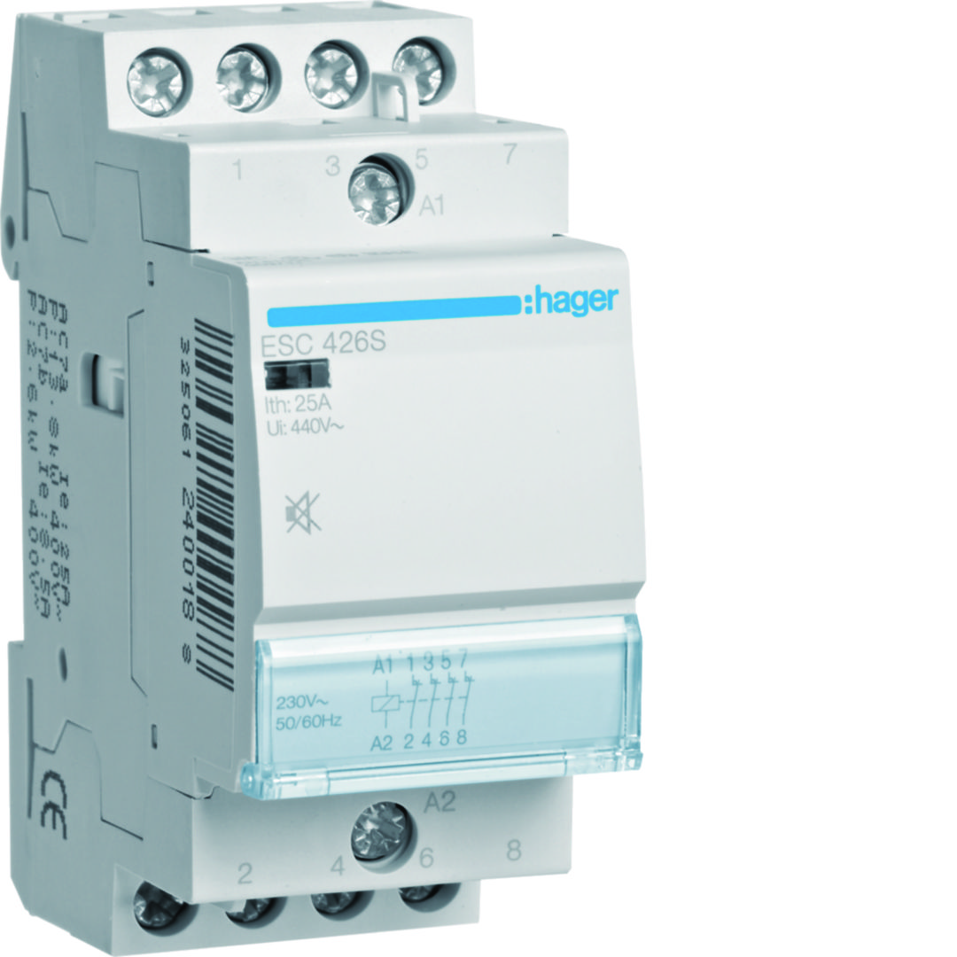 Installációs kontaktor sorolható csendes 25A/ 400V AC 230V AC-műk 2M ESC Hager