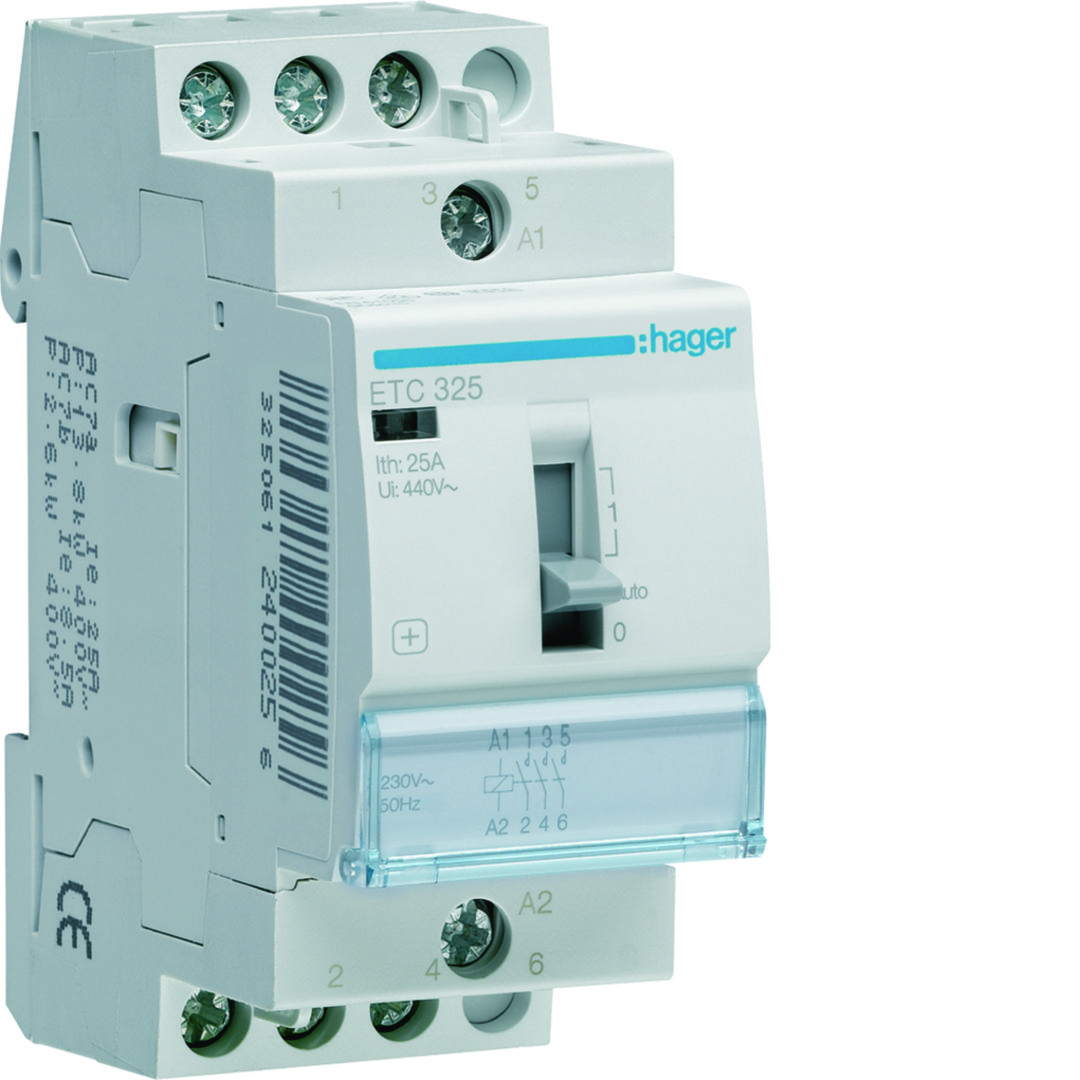 Installációs kontaktor sorolható 0-Aut-1 25A/ 400V AC 230V AC-műk 2M ETC Hager