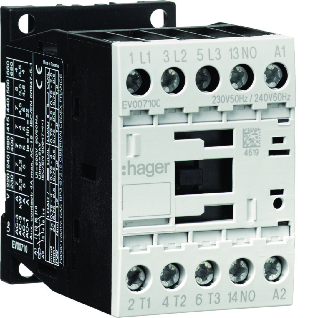 Kontaktor (mágneskapcsoló) 3kW/400VAC-3 3Z 230V50Hz 1z csavaros 22A/AC-1/400V EV Hager