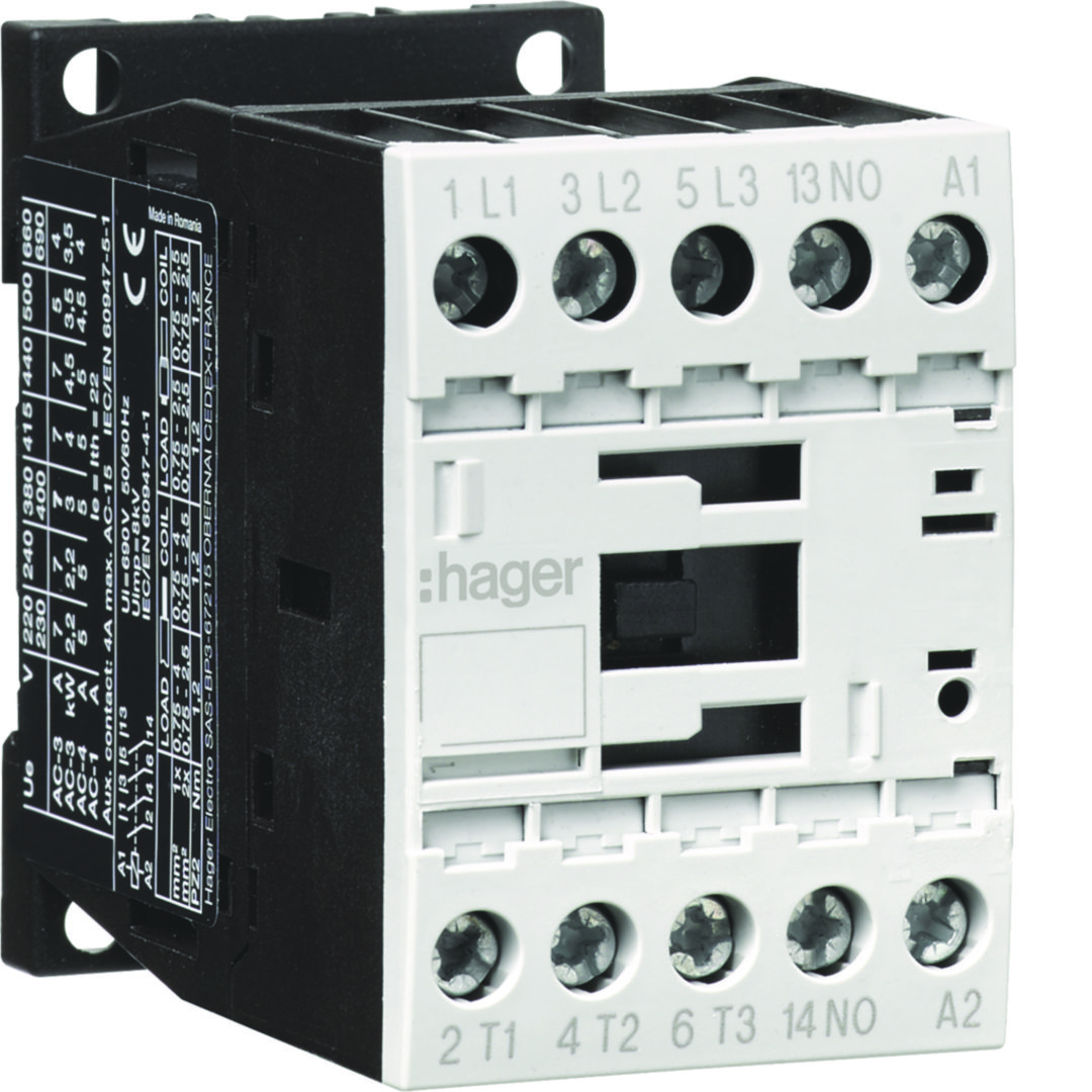 Kontaktor (mágneskapcsoló) 5.5kW/400VAC-3 3Z 230V50Hz 1z csavaros 22A/AC-1/400V EV Hager