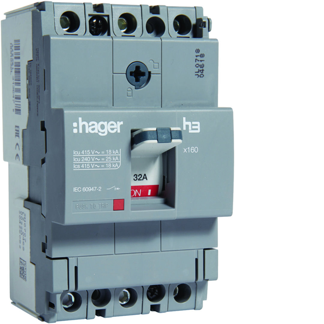 Kompakt megszakító TM-kioldóval 3P fix 32A 32A-hő 18kA 600A-zárlati 220-415V HDA Hager