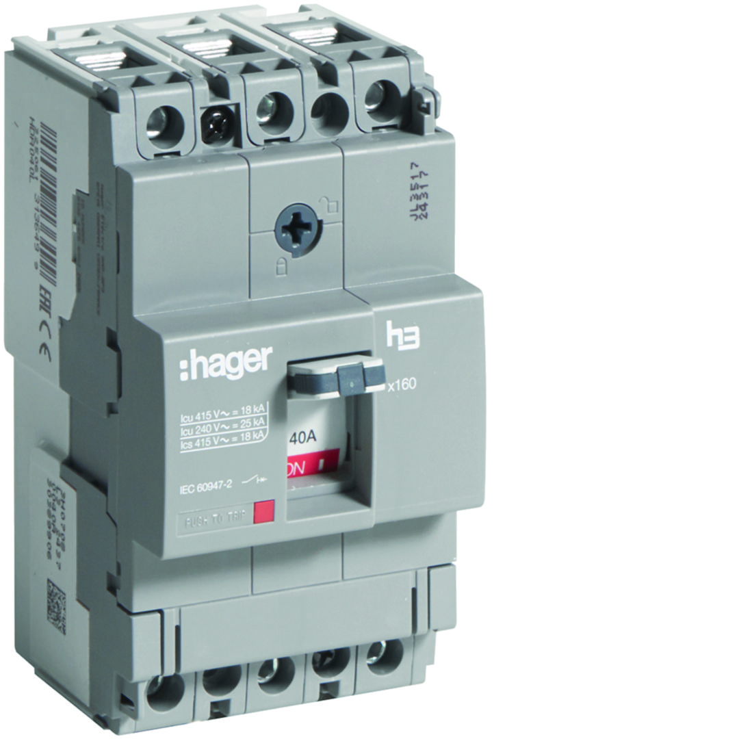 Kompakt megszakító TM-kioldóval 3P fix 40A 40A-hő 18kA 600A-zárlati 220-415V HDA Hager