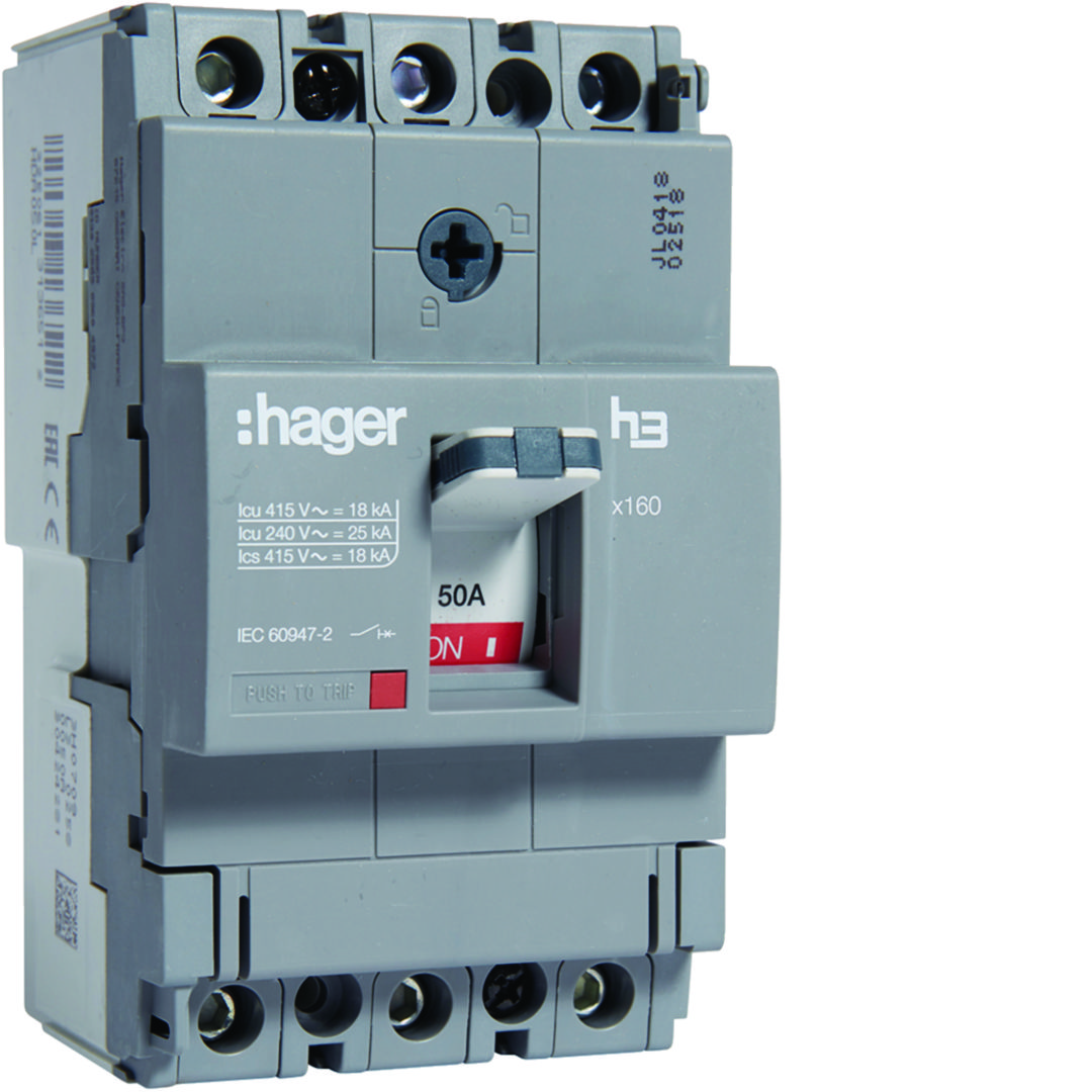 Kompakt megszakító TM-kioldóval 3P fix 50A 50A-hő 18kA 600A-zárlati 220-415V HDA Hager