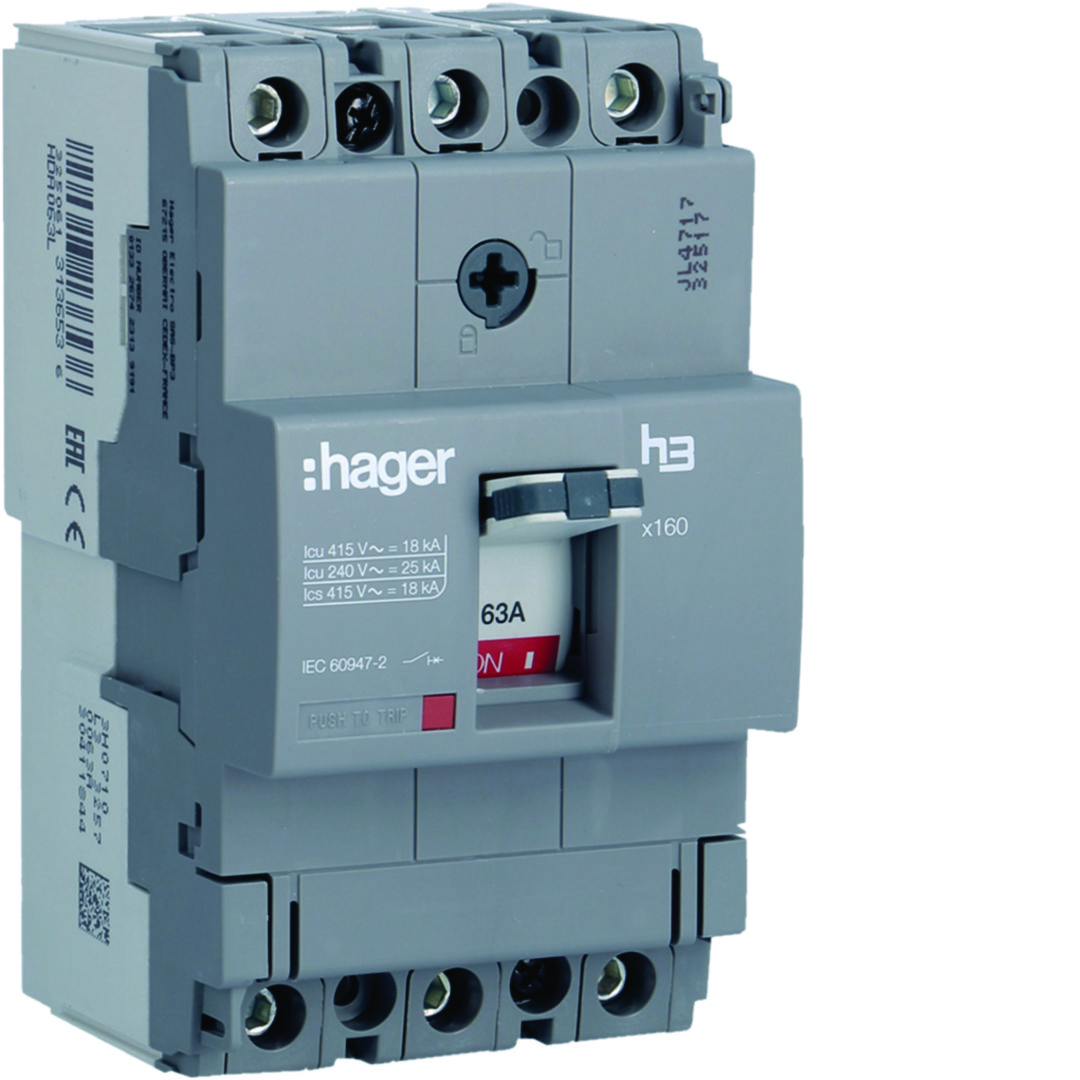 Kompakt megszakító TM-kioldóval 3P fix 63A 63A-hő 18kA 1000A-zárlati 220-415V HDA Hager