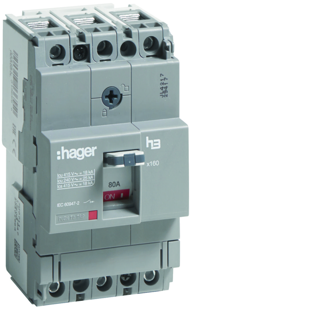 Kompakt megszakító TM-kioldóval 3P fix 80A 80A-hő 18kA 1000A-zárlati 220-415V HDA Hager