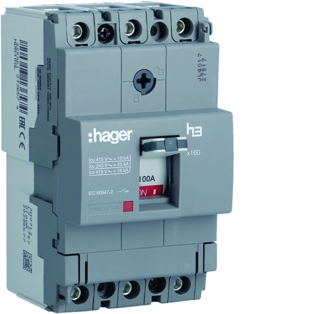 Kompakt megszakító TM-kioldóval 3P fix 100A 100A-hő 18kA 1500A-zárlati 220-415V HDA Hager