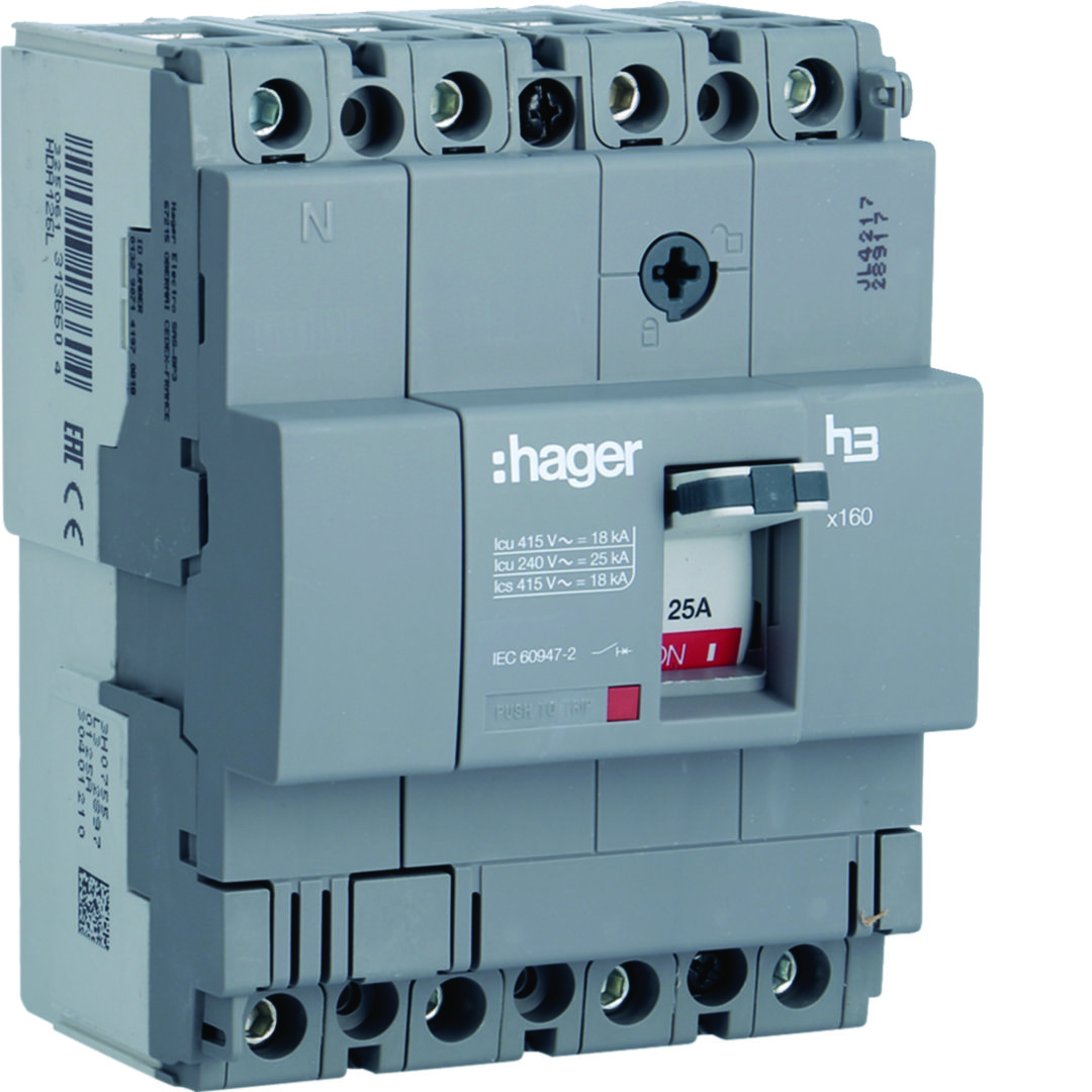 Kompakt megszakító TM-kioldóval 4P fix 125A 125A-hő 18kA 1500A-zárlati 220-415V HDA Hager