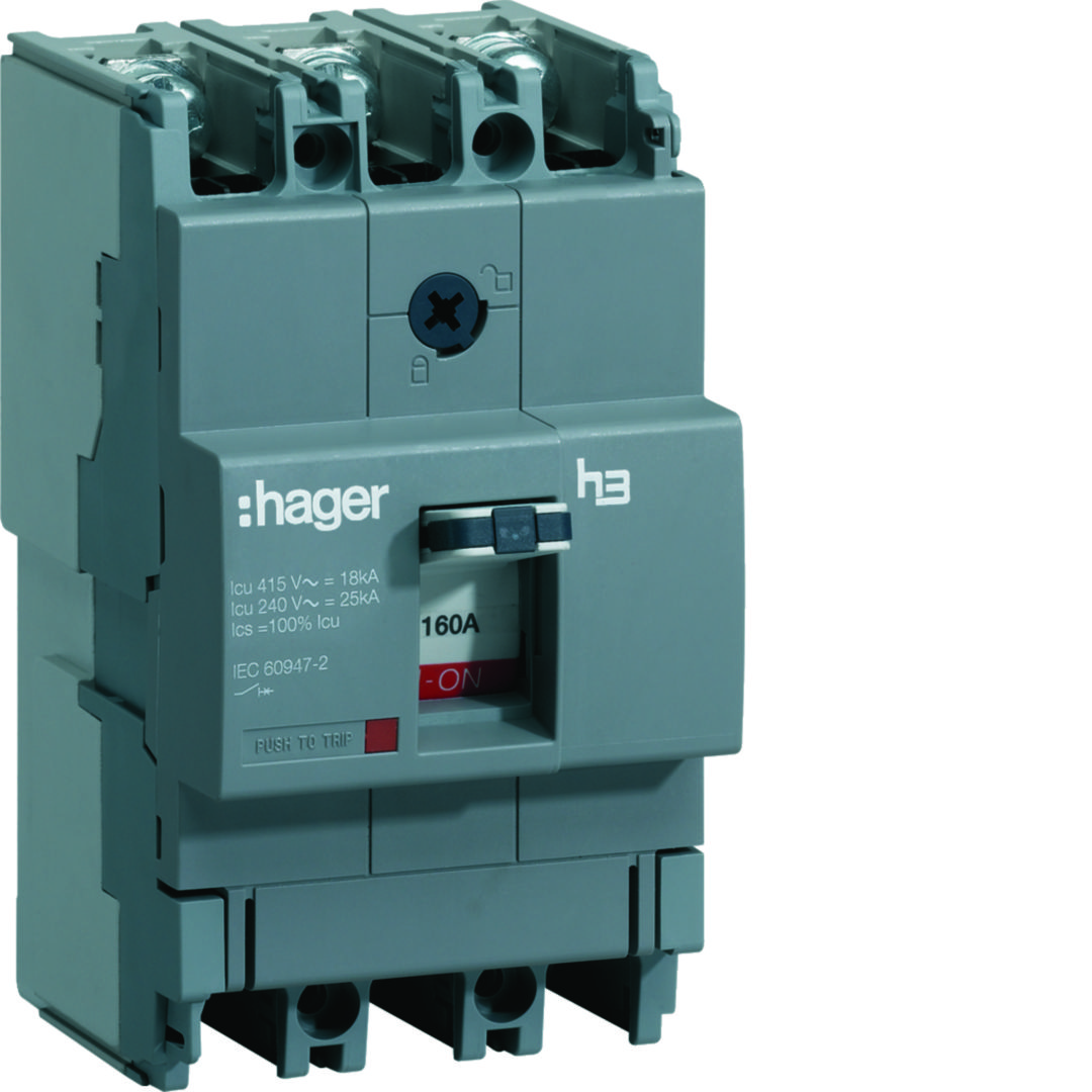 Kompakt megszakító TM-kioldóval 3P fix 160A 160A-hő 18kA 1600A-zárlati 220-415V HDA Hager