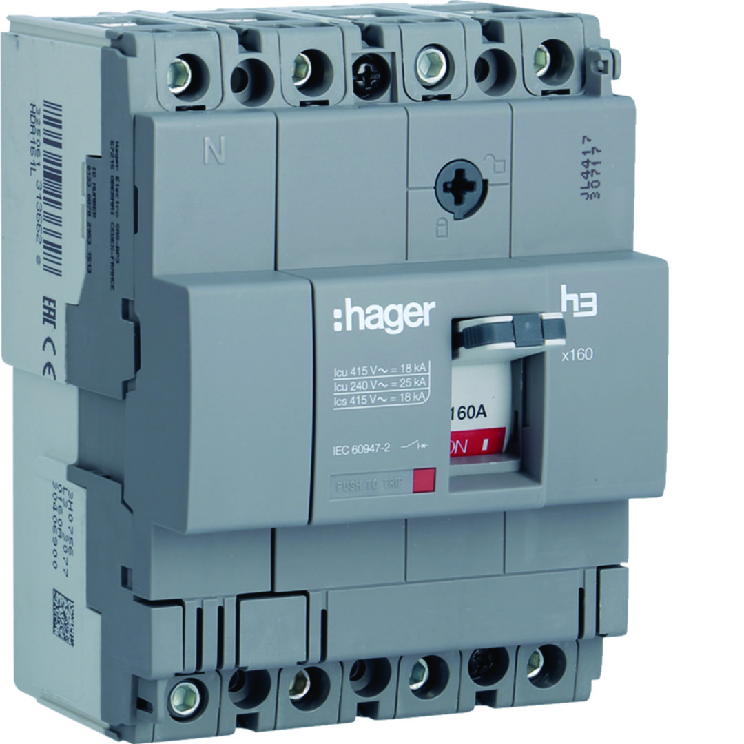 Kompakt megszakító TM-kioldóval 4P fix 160A 160A-hő 18kA 1600A-zárlati 220-415V HDA Hager