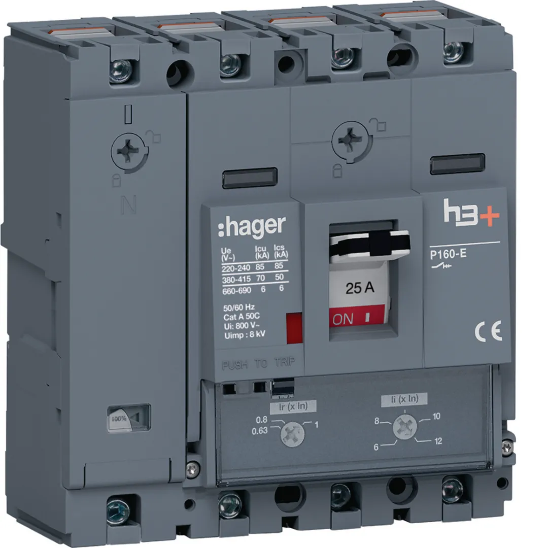 HES026DC - Vermogensautomaat h3+, P160 TM 4P4D N0-100% 25 A 70 kA, kooiklemmen