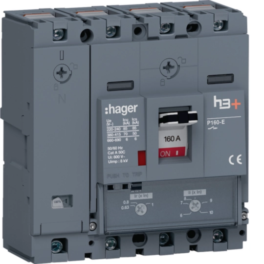 HES161DC - Vermogensautomaat h3+, P160 TM 4P4D N0-100% 160 A 70 kA, kooiklemmen