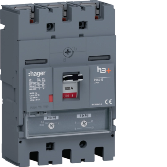 HET100DR - Vermogensautomaat h3+, P250 TM 3P3D 100 A 70 kA, boutaansluiting