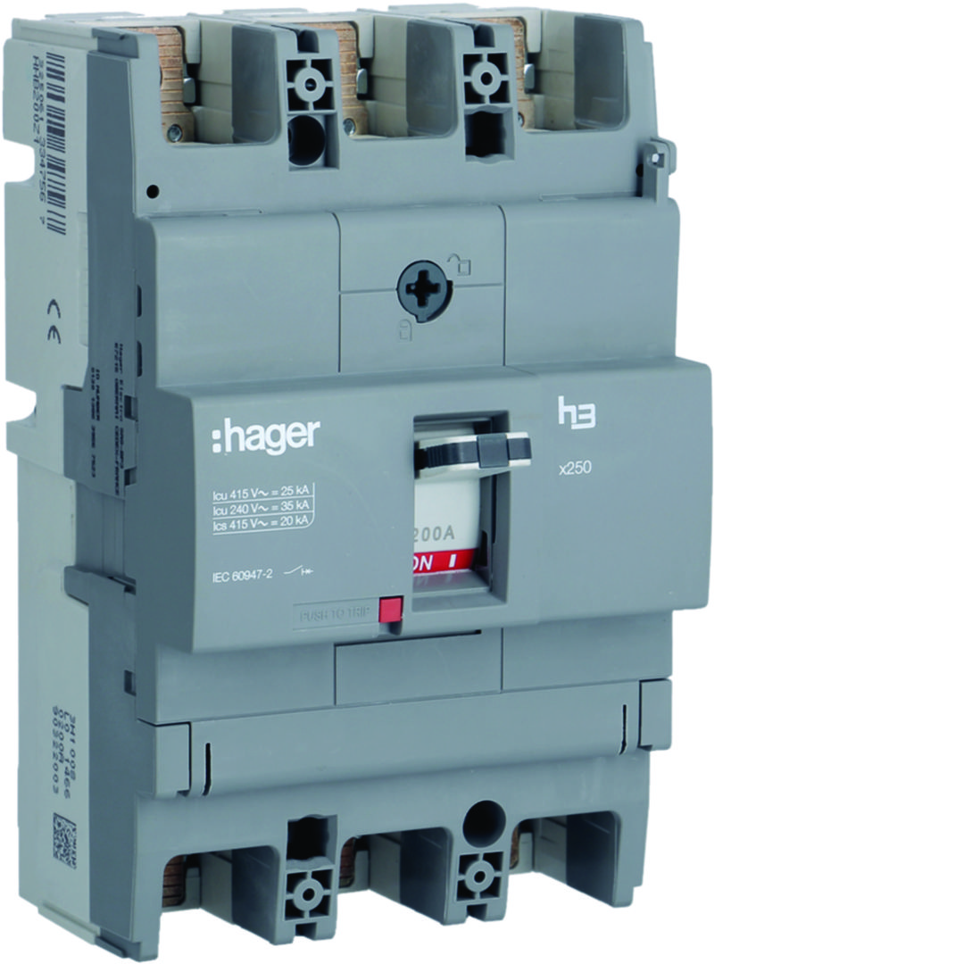 Kompakt megszakító TM-kioldóval 3P fix 200A 200A-hő 25kA 2600A-zárlati 220-415V HHB Hager