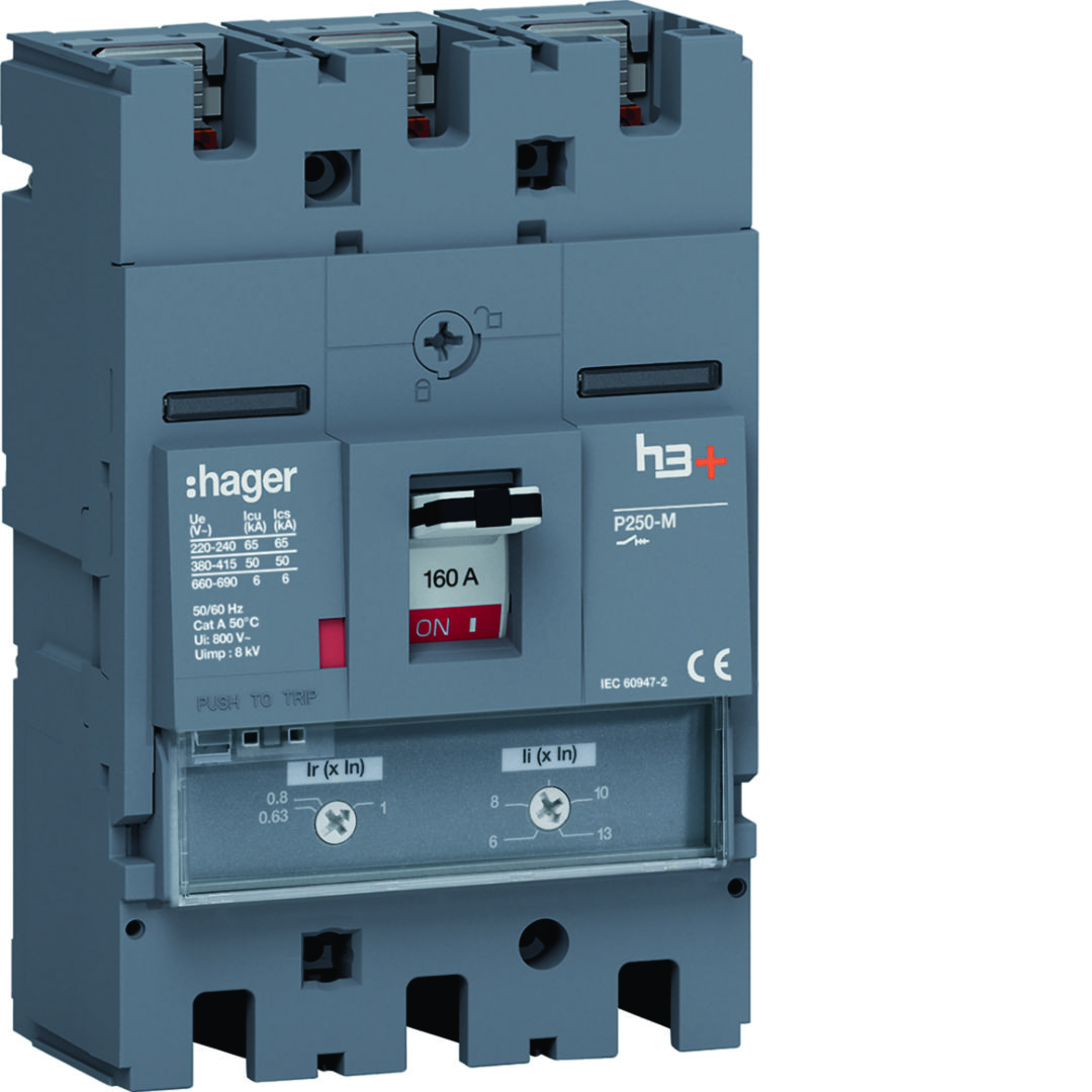 Kompakt megszakító LS-kioldóval 3P fix 160A 100-160A-hő 50kA 960-2080A-zárlati 220-690V HMT Hager