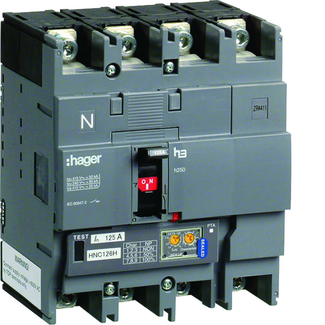 Kompakt megszakító LSI-kioldóval 4P fix 250A 100-250A-hő 50kA 1400-3500A-zárlati 220-690V HNCH Hager