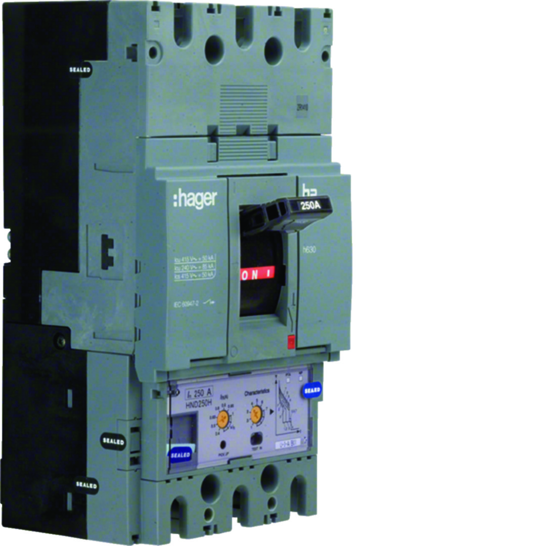 Kompakt megszakító LSI-kioldóval 3P fix 250A 100-250A-hő 50kA 1400-3250A-zárlati 220-690V HNDH Hager