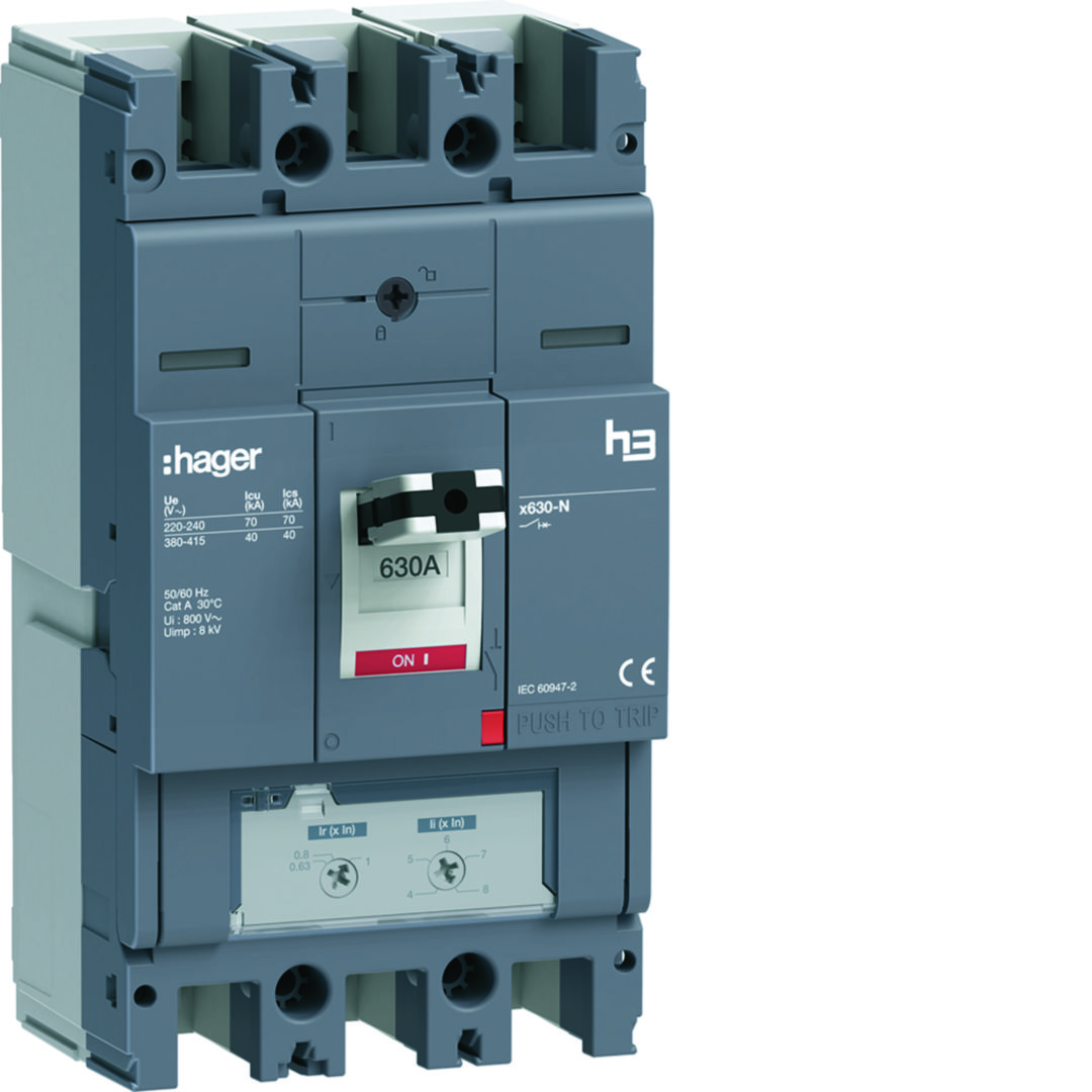 Kompakt megszakító TM-kioldóval 3P fix 630A 400-630A-hő 40kA 2520-5040A-zárlati 220-415V HNJ Hager
