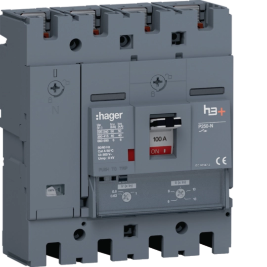 HNT101DR - Vermogensautomaat h3+, P250 TM 4P4D N0-100% 100 A 40 kA, boutaansluiting