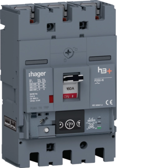 HNT160NR - Vermogensautomaat h3+, P250 Energy 3P3D 160 A 40 kA, boutaansluiting
