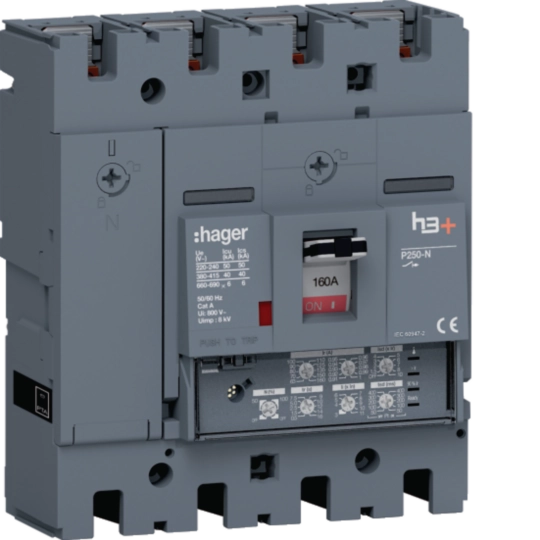 HNT161JR - Vermogensautomaat h3+, P250 LSI 4P4D N0-50-100% 160 A 40 kA, boutaansluiting