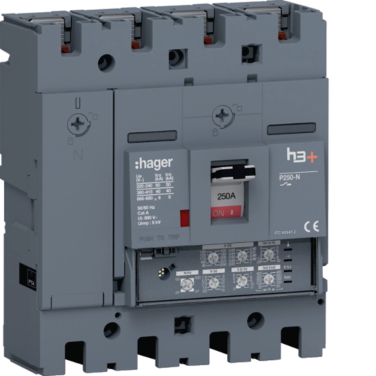 HNT251JR - Vermogensautomaat h3+, P250 LSI 4P4D N0-50-100% 250 A 40 kA, boutaansluiting