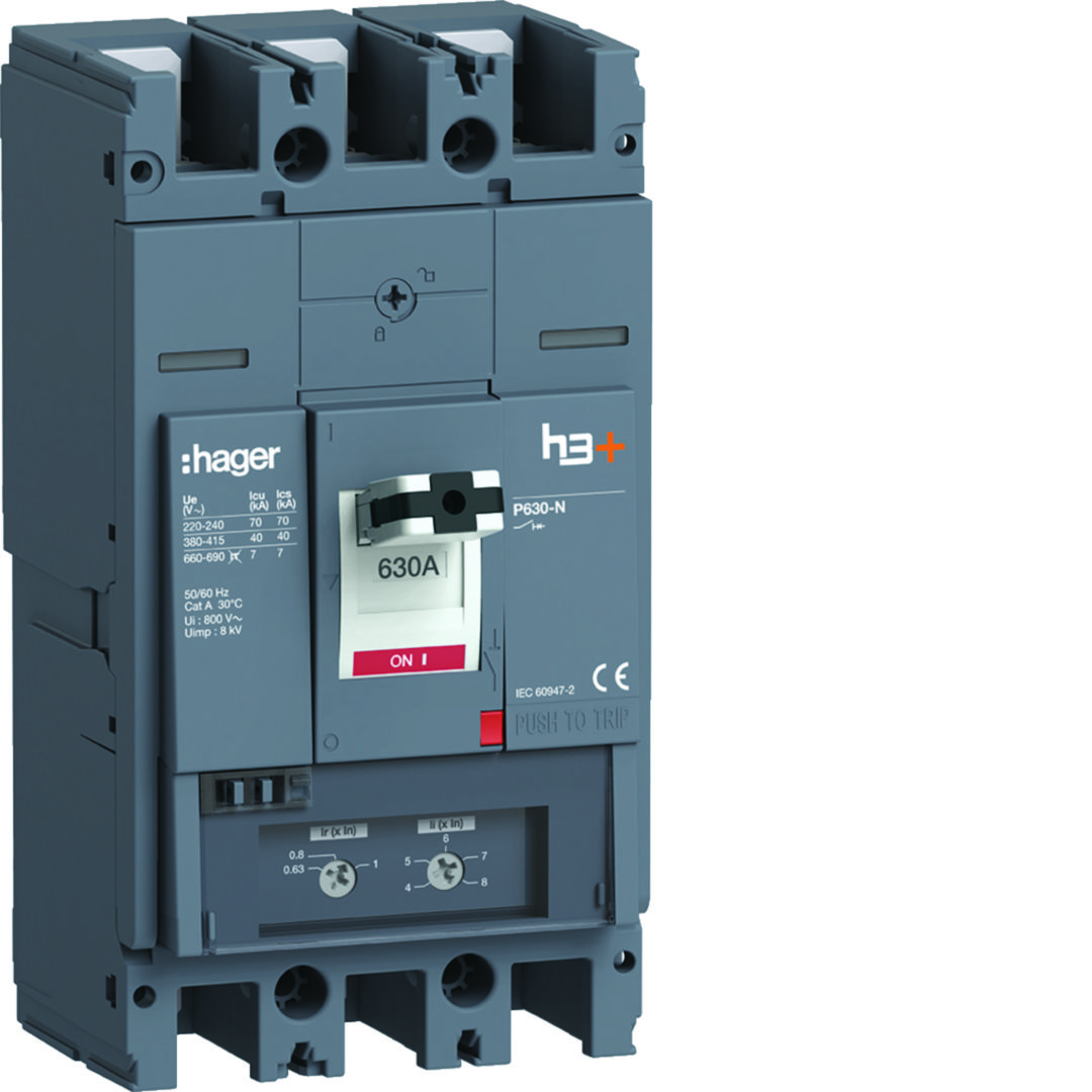 Kompakt megszakító TM-kioldóval 3P fix 630A 400-630A-hő 40kA 2520-5040A-zárlati 220-690V HNW Hager
