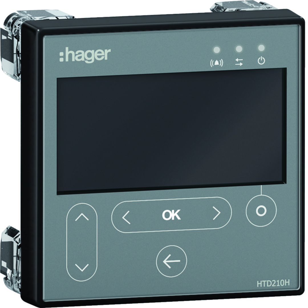 LCD kijelző kompakt megszakítóhoz ajtóbeépítés kommunikációs és mérési funkció HTD Hager
