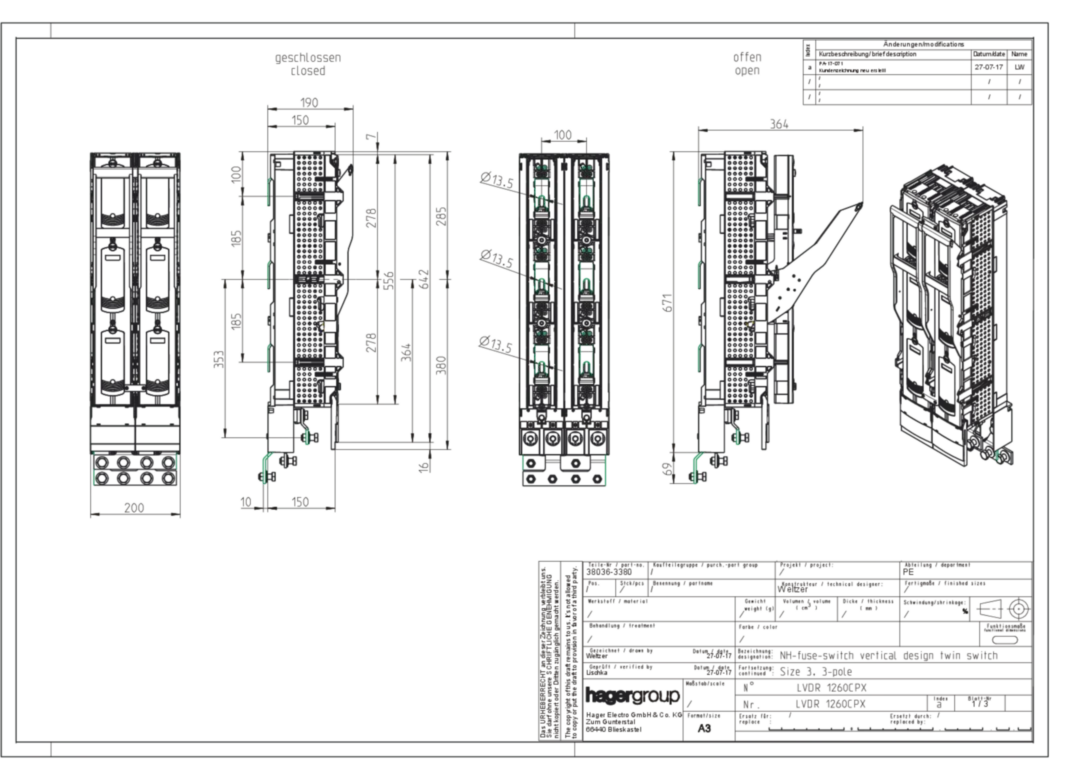 LVDR1260CPX - Gr.3, 185 mm railafstand, 3-p schakel, M12, 1260 A dubbellastscheider