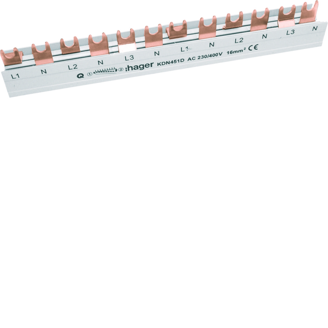Sorolósín 3P+N villás 3F 4P 80A 16mm2 215mm szigetelt N-sínes 17.8mm-osztás 4kV KDN Hager