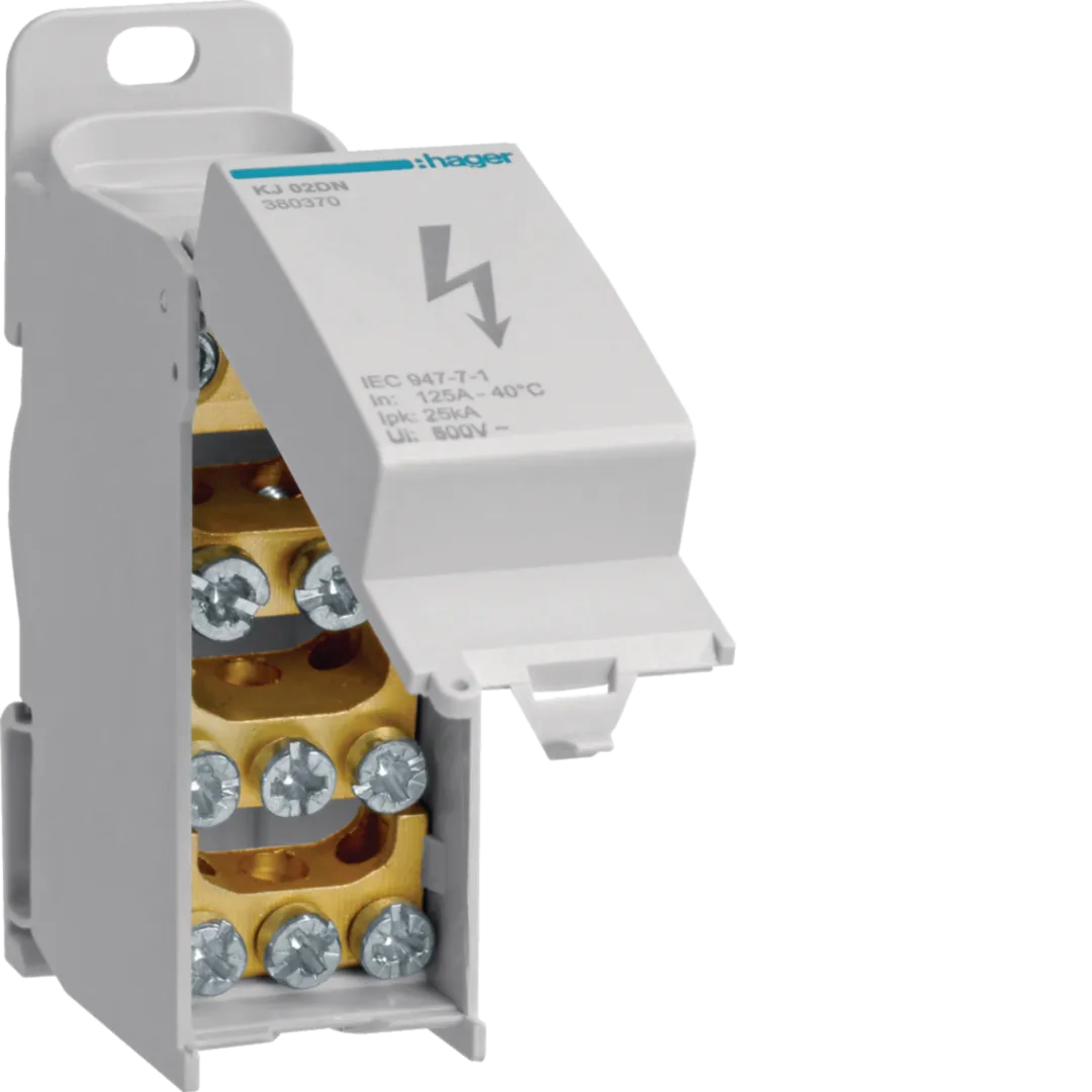 KJ02DN - Verteilerblock 125A mit Frontabdeckung, 1polig, 2x 10-35²/2x 2,5-25²/6x 1,5-16²
