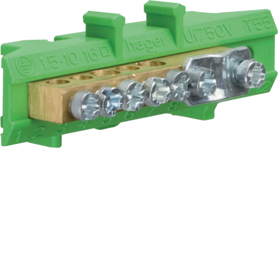 KM06E - Jordplint i mässing på grön plastsockel för DIN-skena, 1x25mm²  2x16mm² 3x10mm².