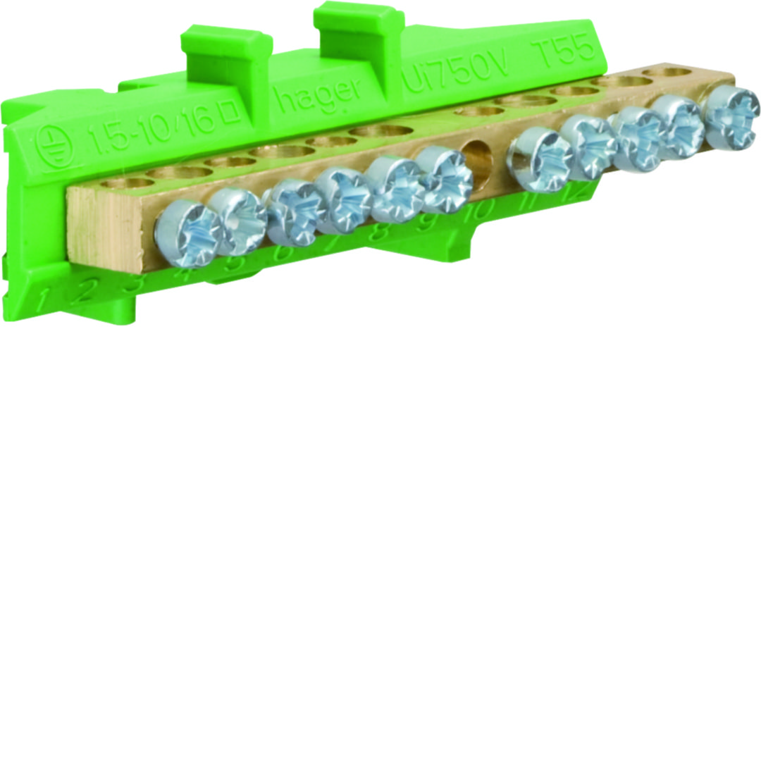 PE-kapocsblokk zöld-sárga 60A csavaros 6csatl./10mm2 5csatl./16mm2 KM Hager