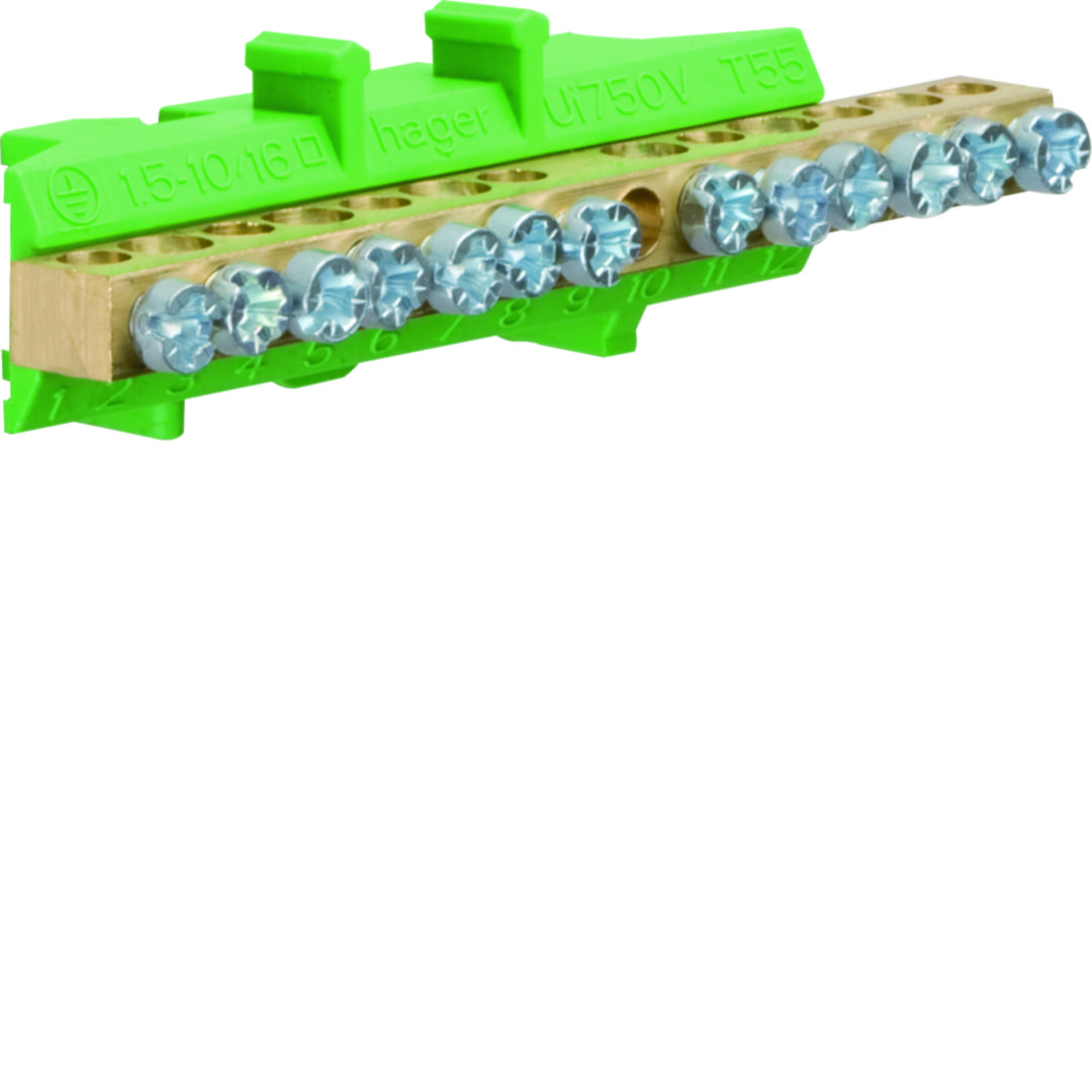 PE-kapocsblokk zöld-sárga 60A csavaros 7csatl./10mm2 6csatl./16mm2 KM Hager