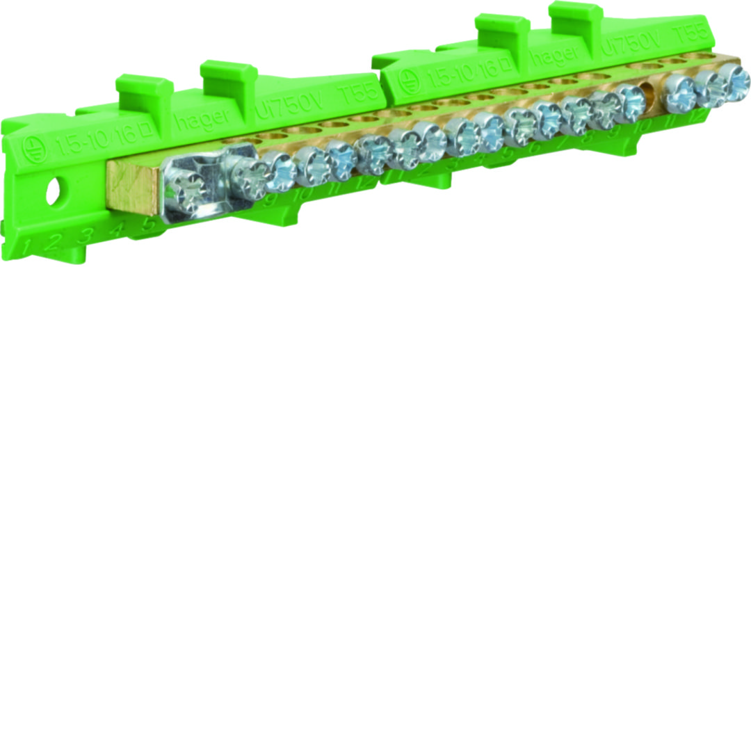 PE-kapocsblokk zöld-sárga 60A csavaros 8csatl./10mm2 16csatl./16mm2 1csatl./25mm2 KM Hager