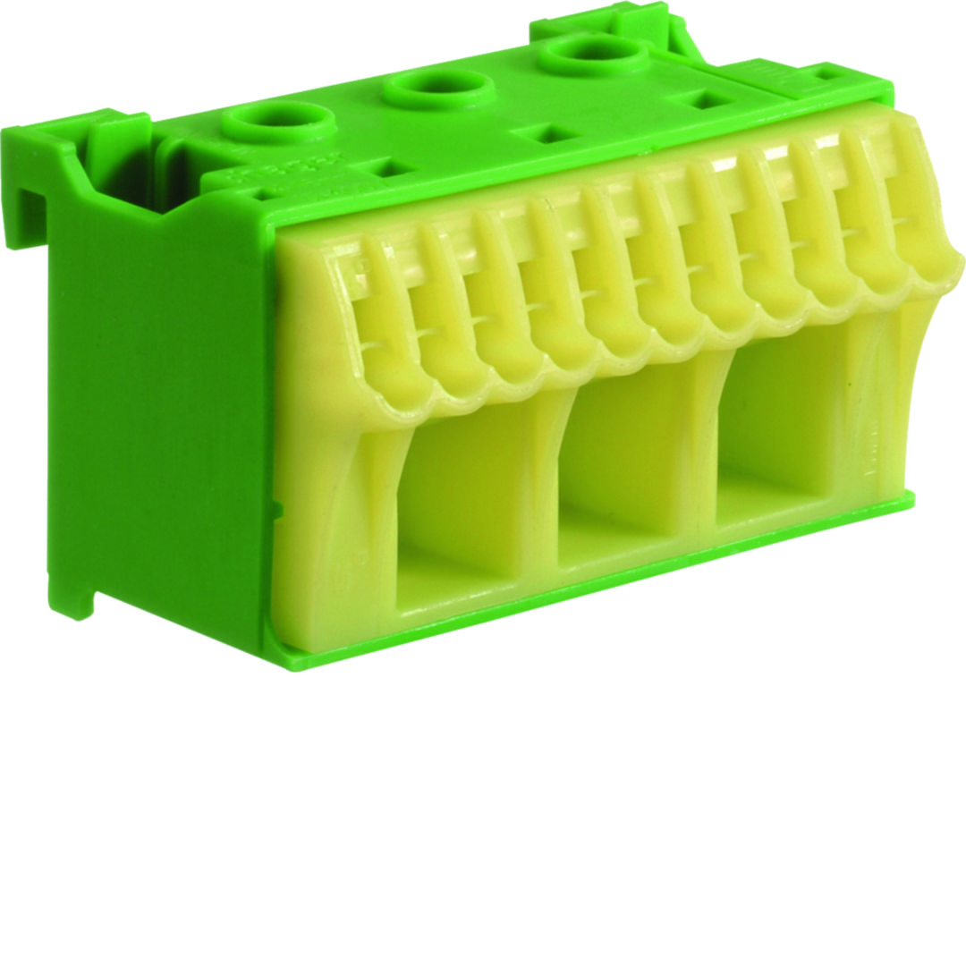 PE-kapocsblokk QuickConnenct zöld-sárga 1P 63A csavarmentes 11csatl./<6mm2 3csatl./25mm2 KN Hager