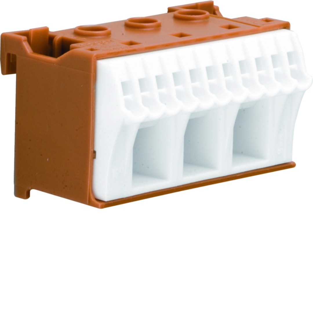 N-kapocsblokk QuickConnenct barna 1P 63A csavarmentes 11csatl./<6mm2 3csatl./25mm2 KN Hager