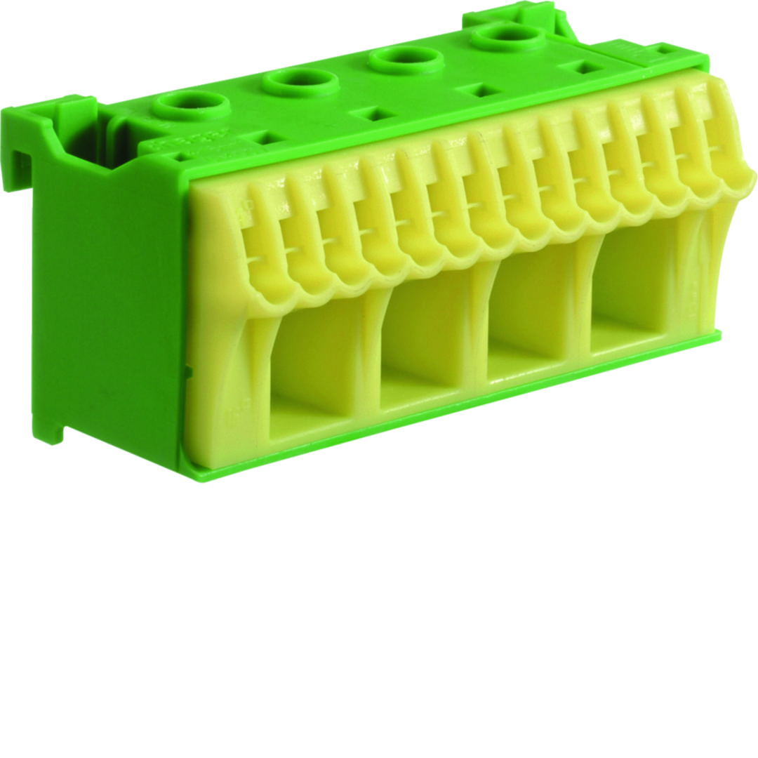 PE-kapocsblokk QuickConnenct zöld-sárga 1P 63A csavarmentes 14csatl./<6mm2 4csatl./25mm2 KN Hager