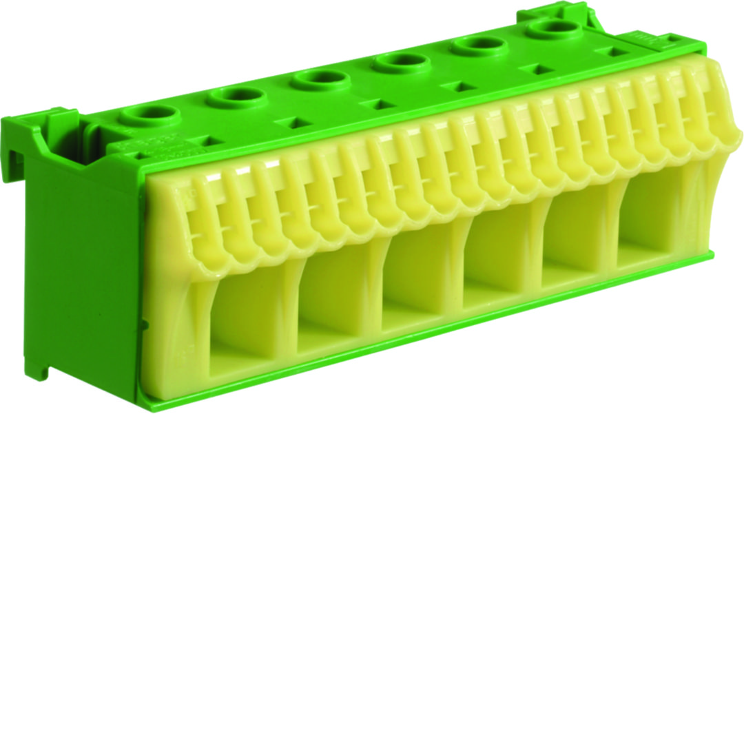 PE-kapocsblokk QuickConnenct zöld-sárga 1P 63A csavarmentes 20csatl./<6mm2 6csatl./25mm2 KN Hager