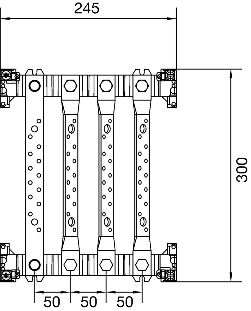 UE21D2 - Bouwsteen, 300x250mm, verdeelklem rail verticaal 4-polig 250 A, 13x M6