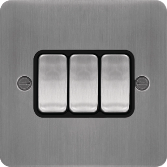 WFPS32BSB - 10AX 3 Gang 2 Way Wall Switch Brushed Steel Black Insert