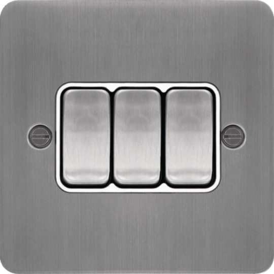 WFPS32BSW - 10AX 3 Gang 2 Way Wall Switch Brushed Steel White Insert