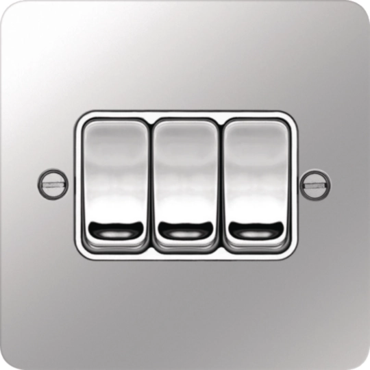 WFPS32PSW - 10AX 3 Gang 2 Way Wall Switch Polished Steel White Insert