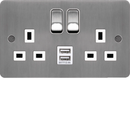 WFSS82BSW-USBS - 13A 2 Gang Double Pole Switched Socket c/w Twin USB Ports Brushed Steel White